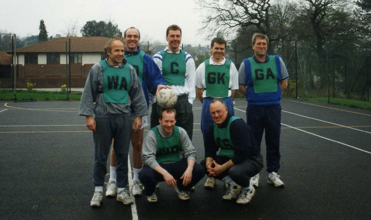 Late 1990s: Staff vs student netball match with Tony Richards, John Manfield, Dai Bader, Lee Emerson, Stu Nicholson, Sholto Kerr and Martin Russell