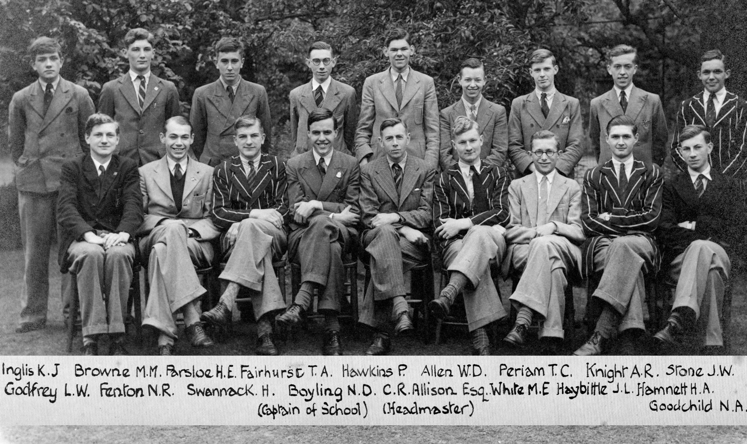 RGS Prefects from 1939-40. Sadly, four of those pictured died in WWII: Inglis, Browne, Parsloe and Hawkins.